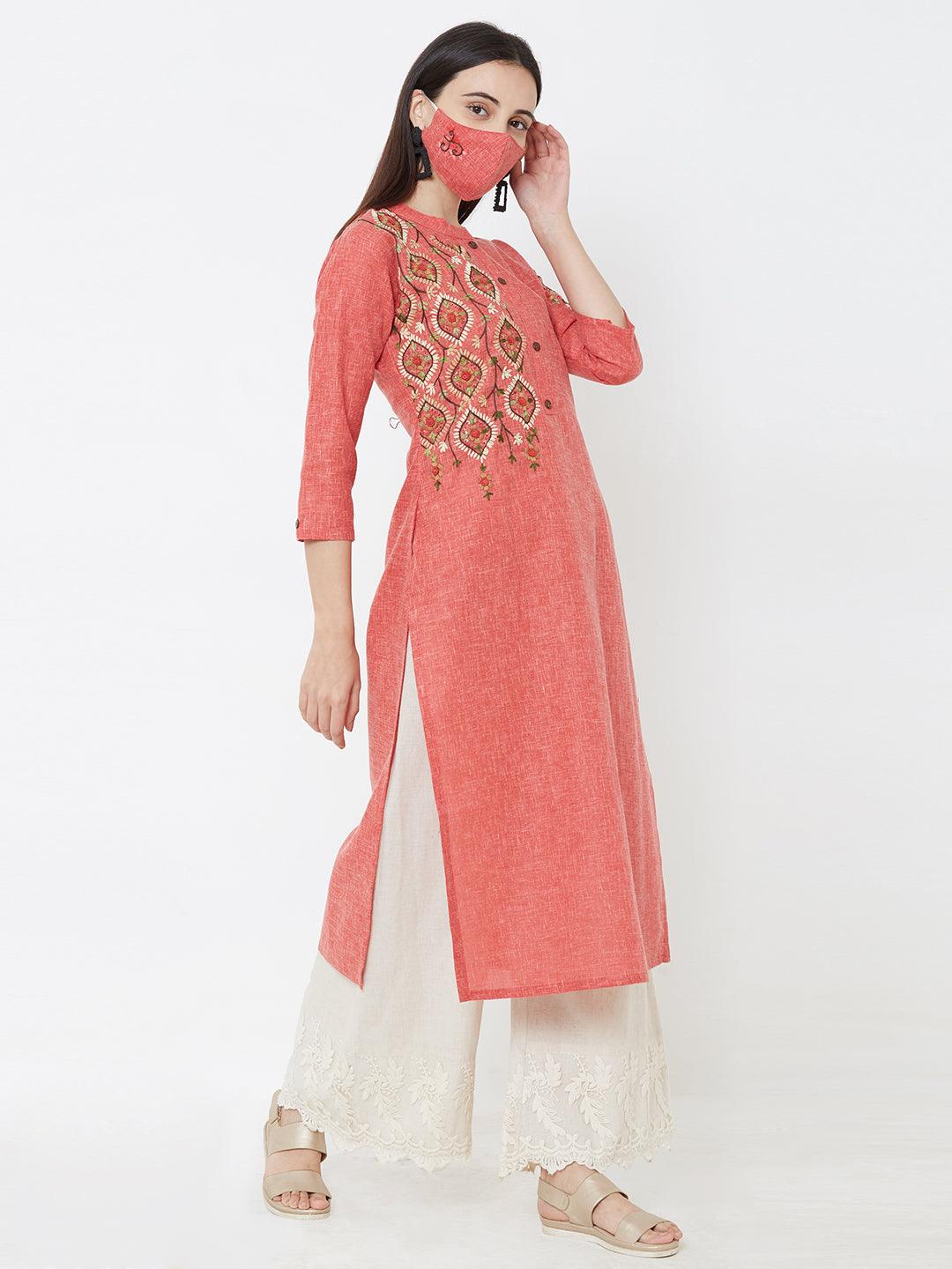 Hand Embroidered Kurta & matching mask – Peach - Indiakreations