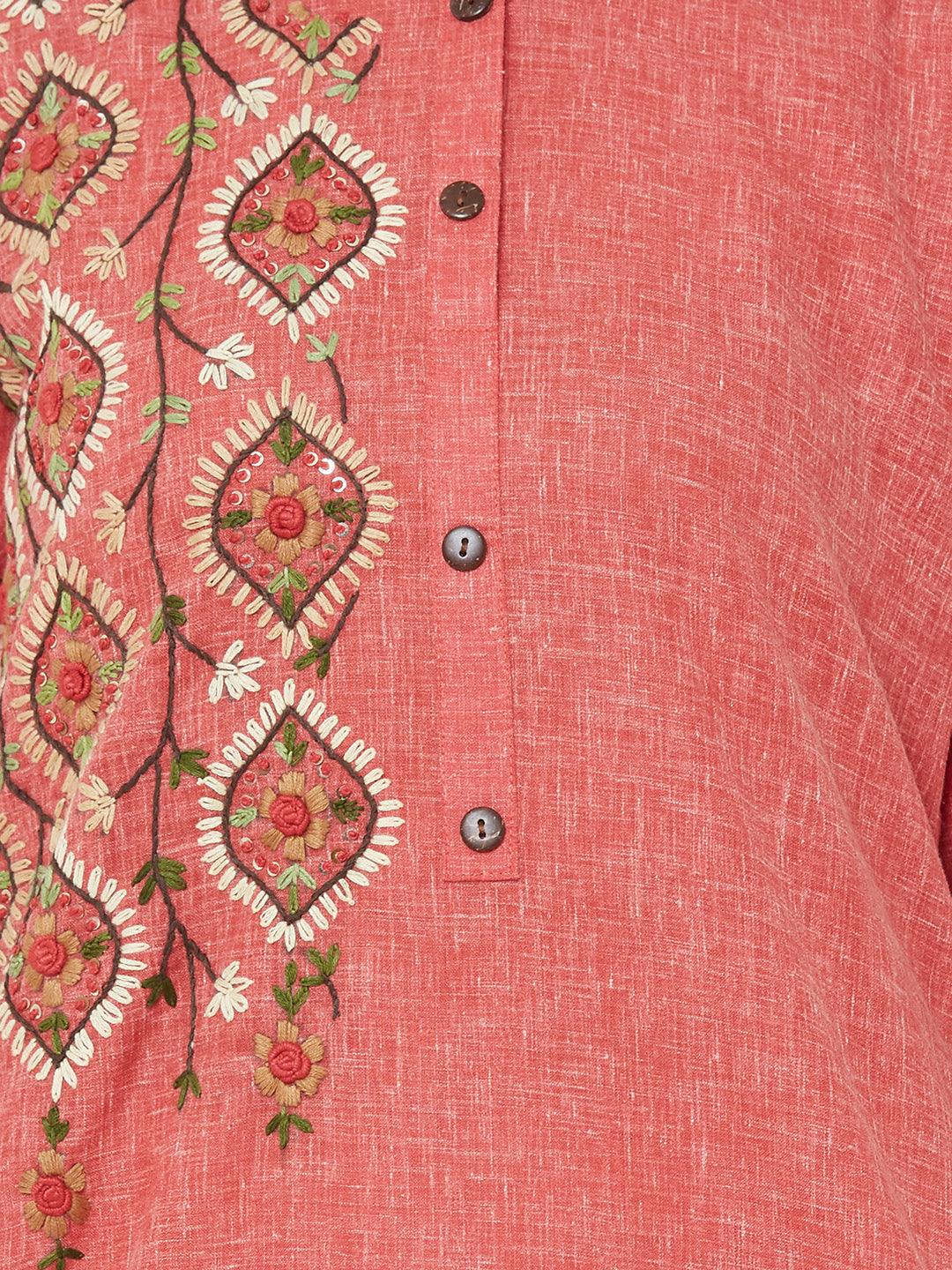 Hand Embroidered Kurta & matching mask – Peach - Indiakreations