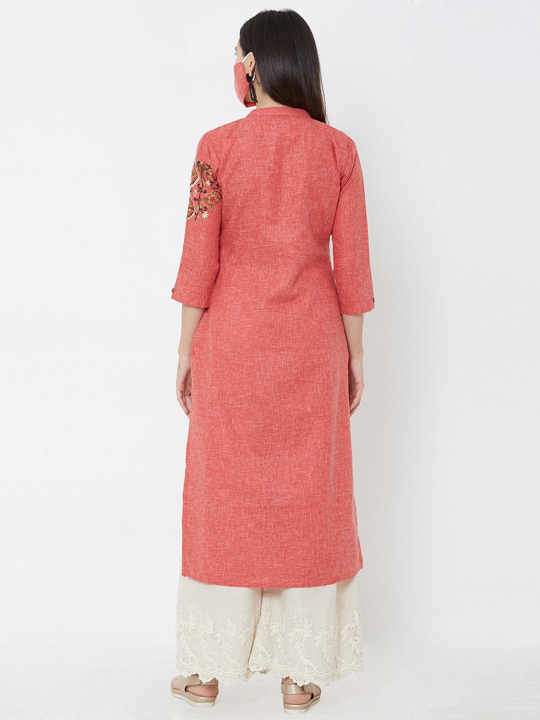 Hand Embroidered Kurta & matching mask – Peach - Indiakreations