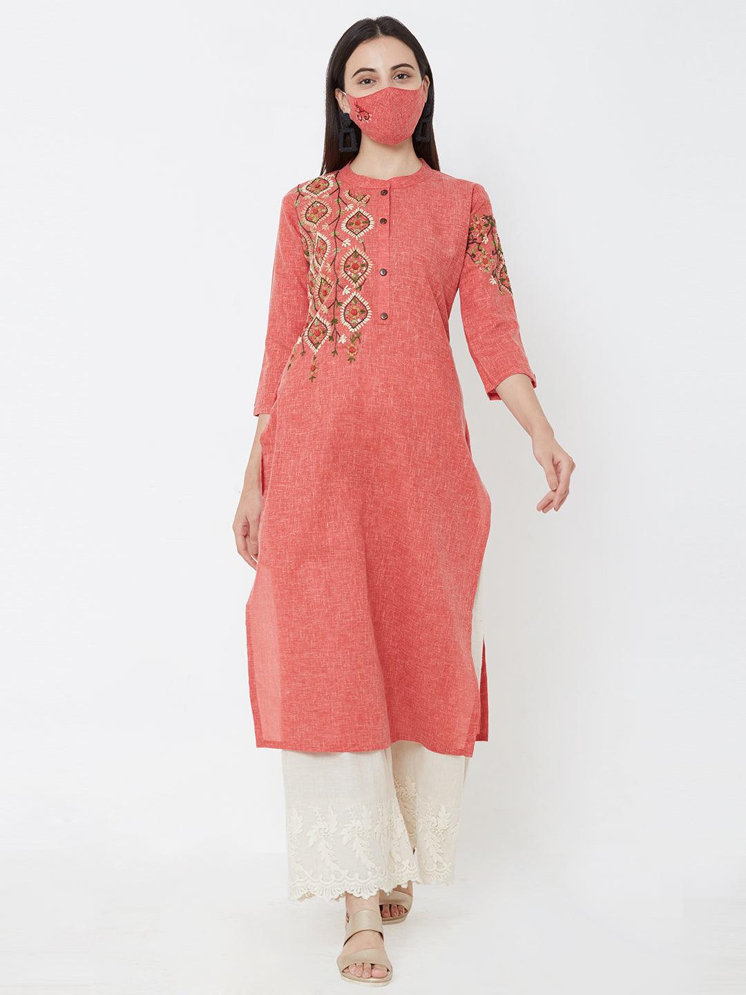 Hand Embroidered Kurta & matching mask – Peach - Indiakreations