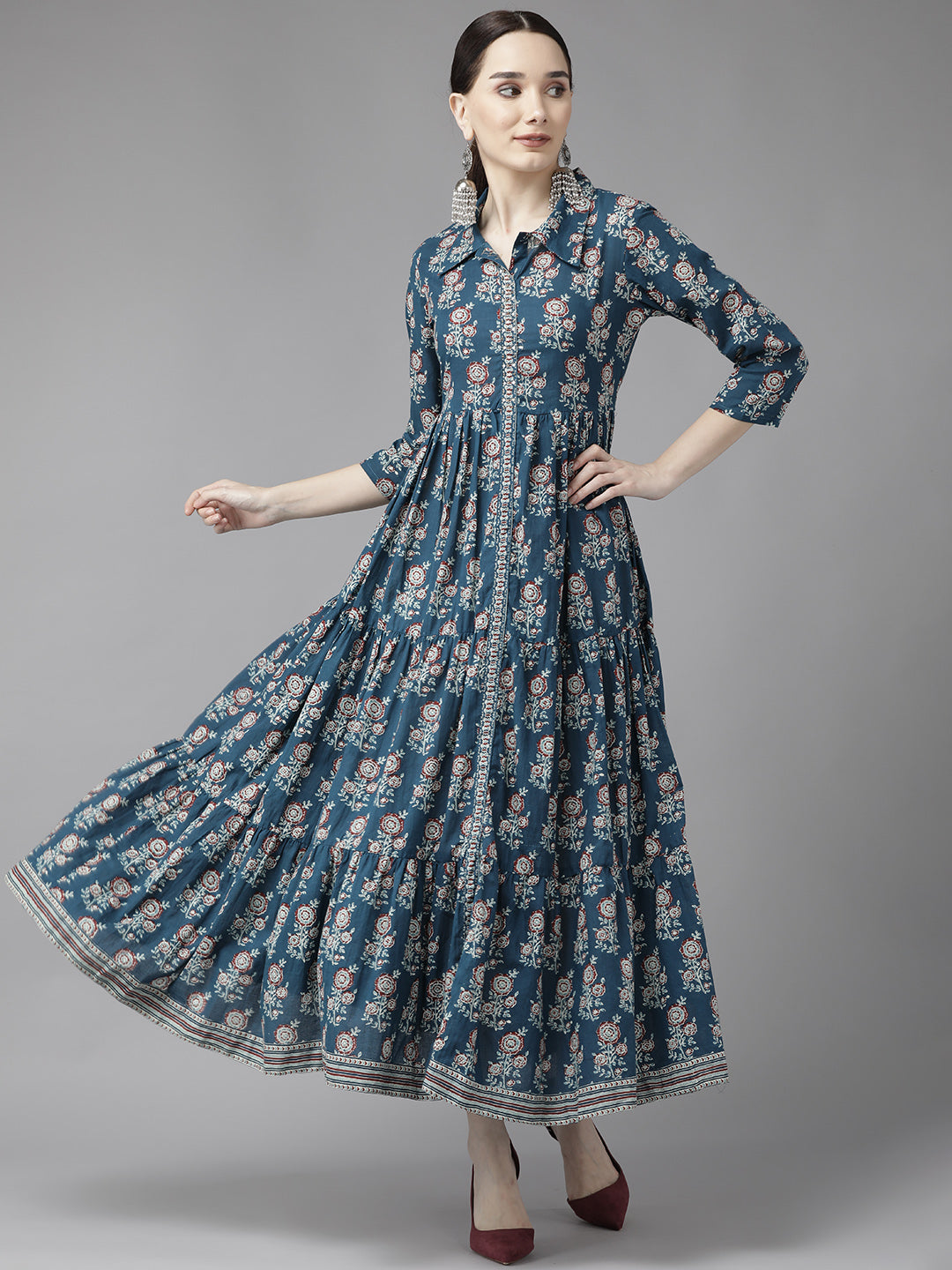 Women's Blue Floral Print Cotton Maxi Dress - Yufta