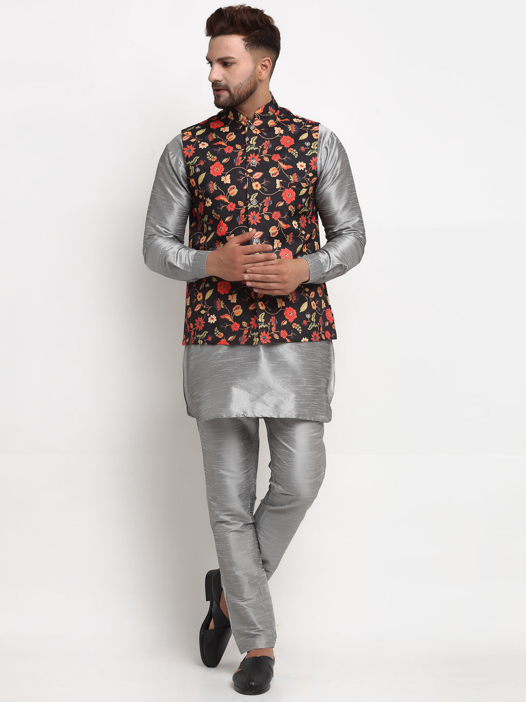 Men's Silk Blend Grey Kurta With Pyjama & Black Printed Nehru Jacket - Benstoke