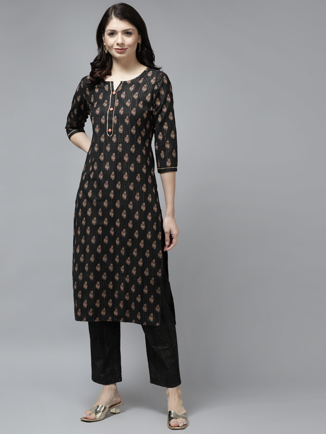 Women's Black Bijia Lace Cotton Lurex Kurta With Palazzos Set - Yufta