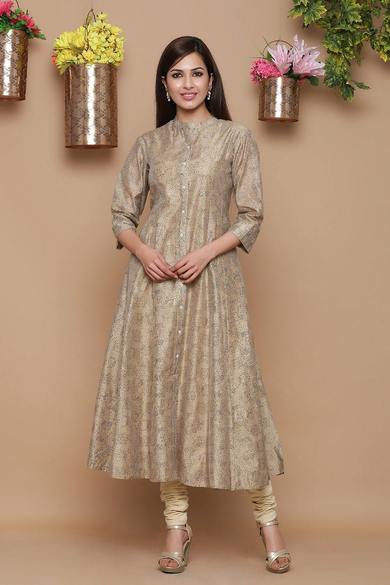 Beige Chanderi Silk Printed Anarkali Kurta - Juniper