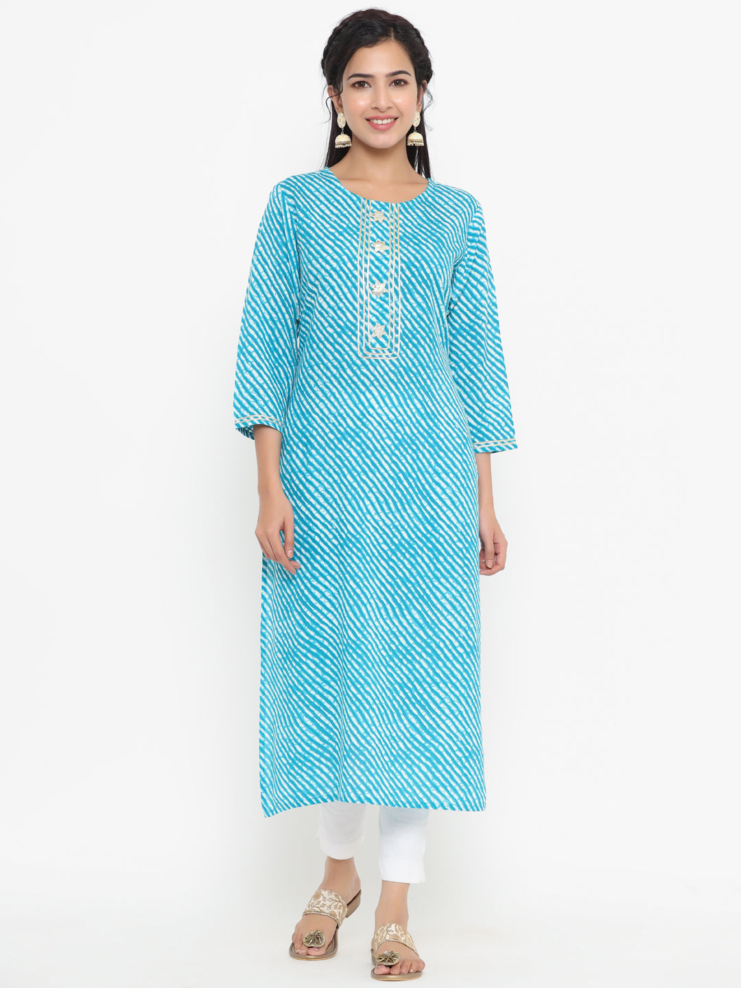 Women's Blue Leheriya Print Straight Kurta - Yufta