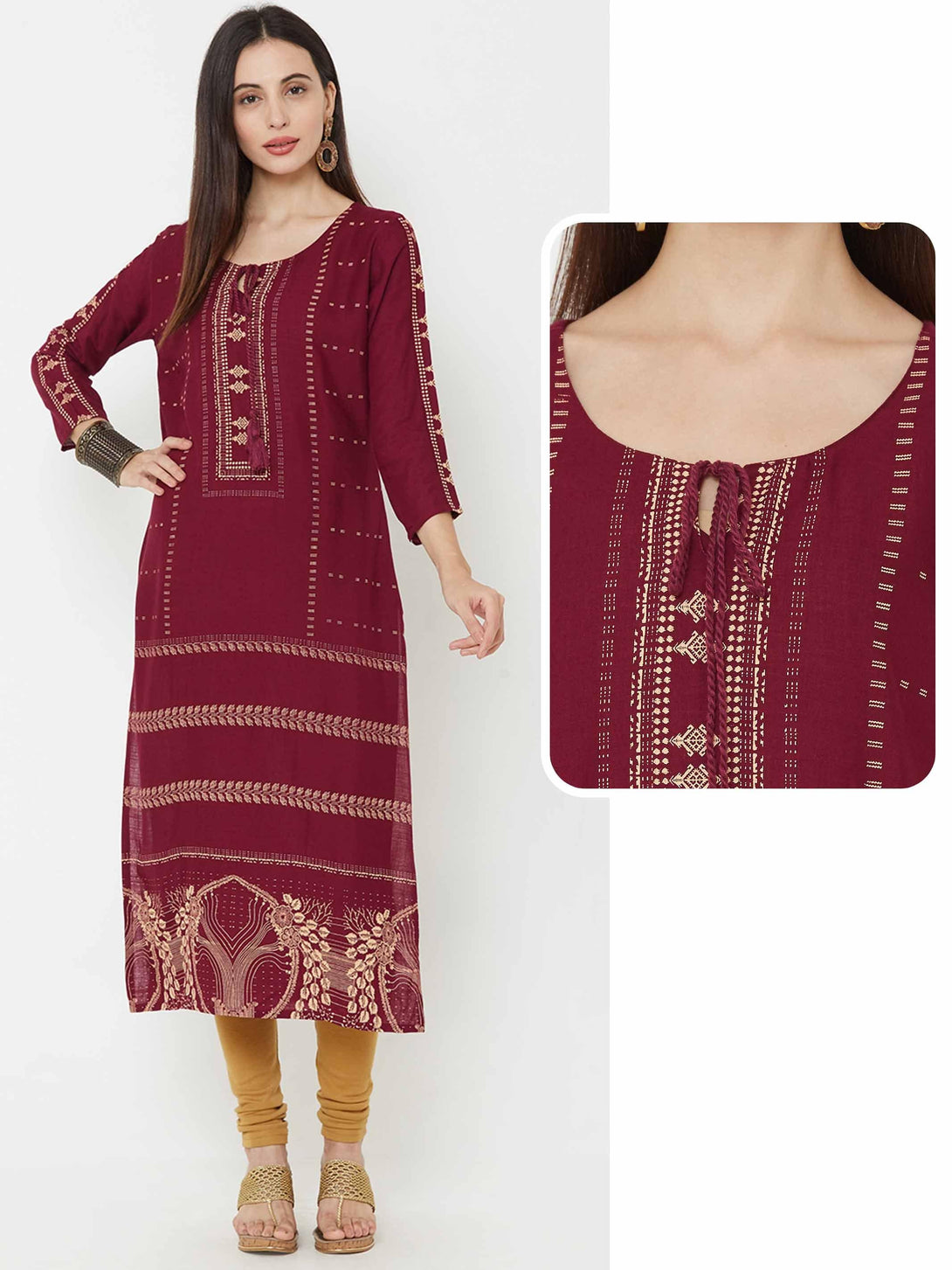 Ethnic Foil Printed Straight Kurta - Wine - Indiakreations