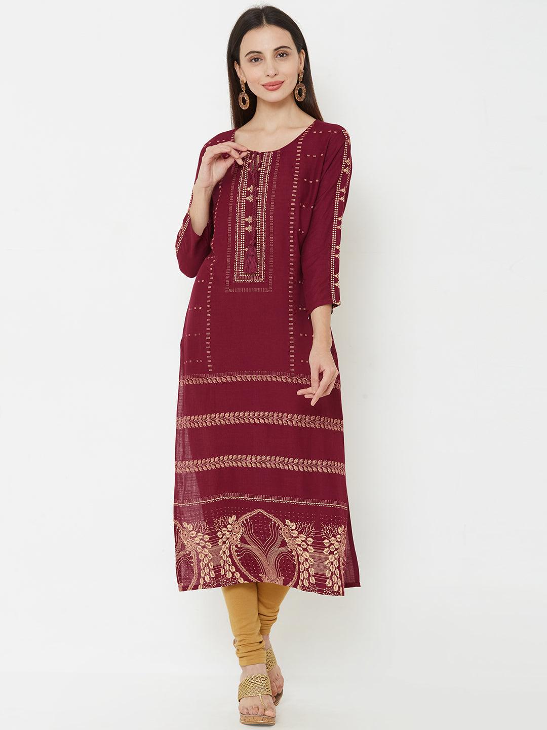 Ethnic Foil Printed Straight Kurta - Wine - Indiakreations