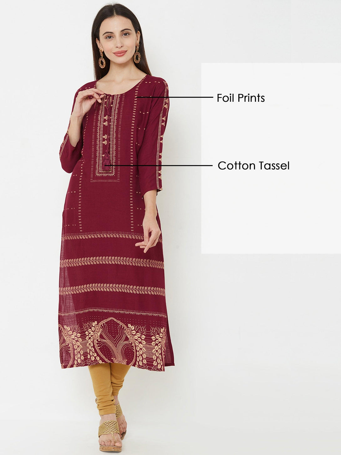 Ethnic Foil Printed Straight Kurta - Wine - Indiakreations