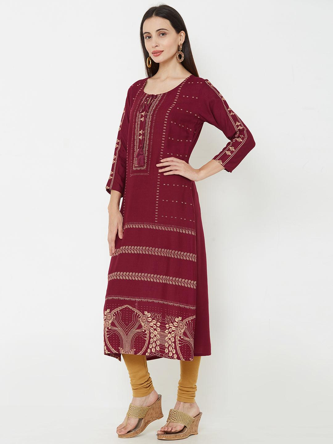 Ethnic Foil Printed Straight Kurta - Wine - Indiakreations