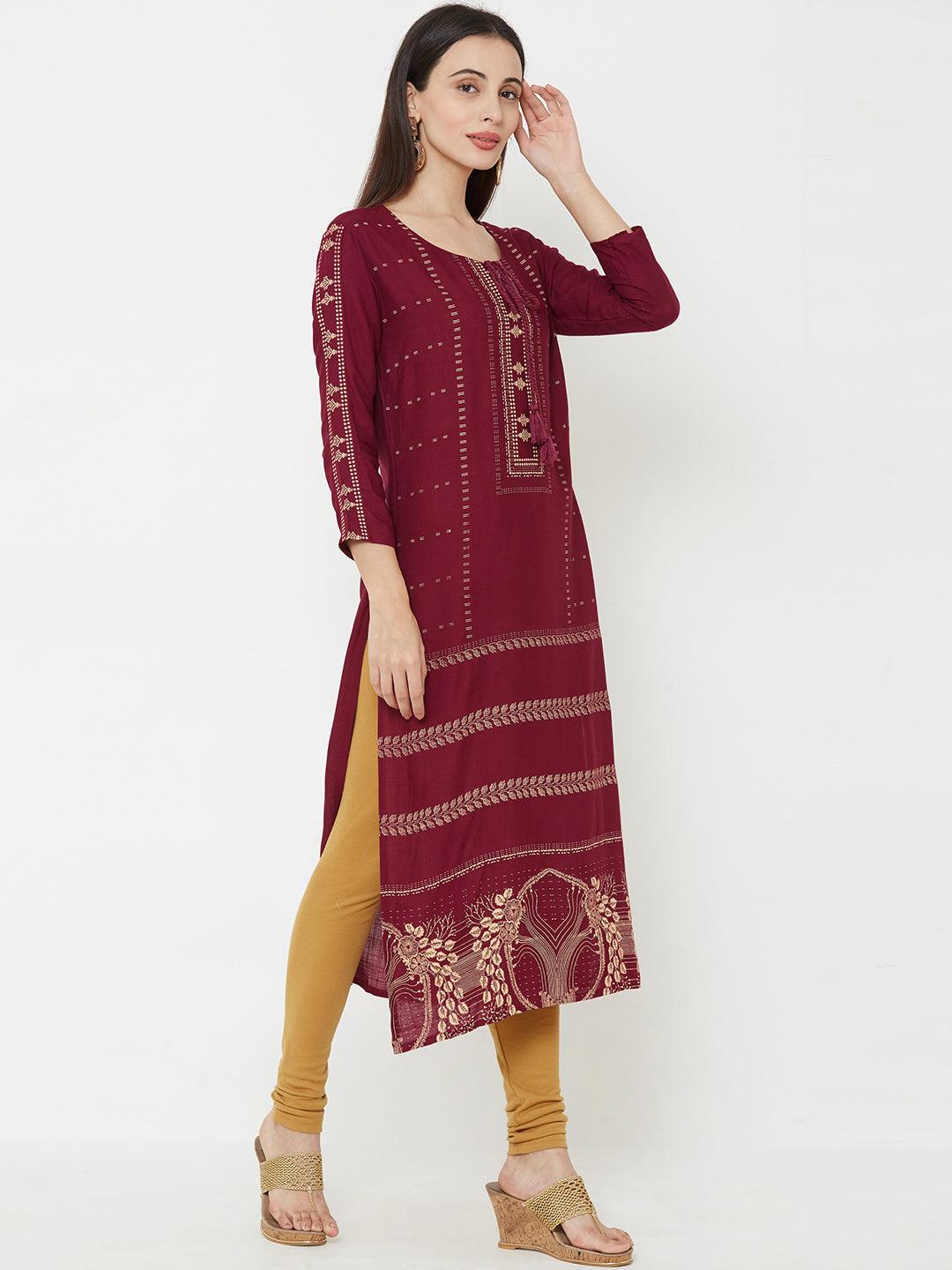 Ethnic Foil Printed Straight Kurta - Wine - Indiakreations