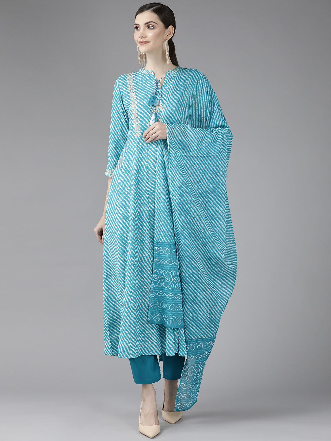 Women's Blue Lehariya Print Embroidery Kurta With Trousers And Dupatta Set - Yufta