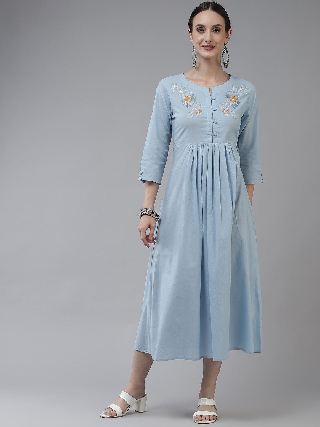 Women's Blue Embroidery Work Cotton A Line Dress - Yufta