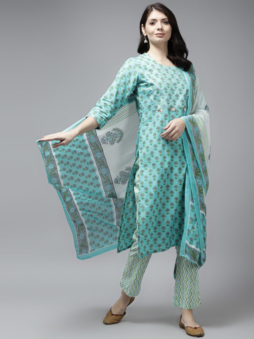 Women's Sea Green And White Gotta On Yoke Cotton Kurta With Trouser & Dupatta - Yufta - Indiakreations