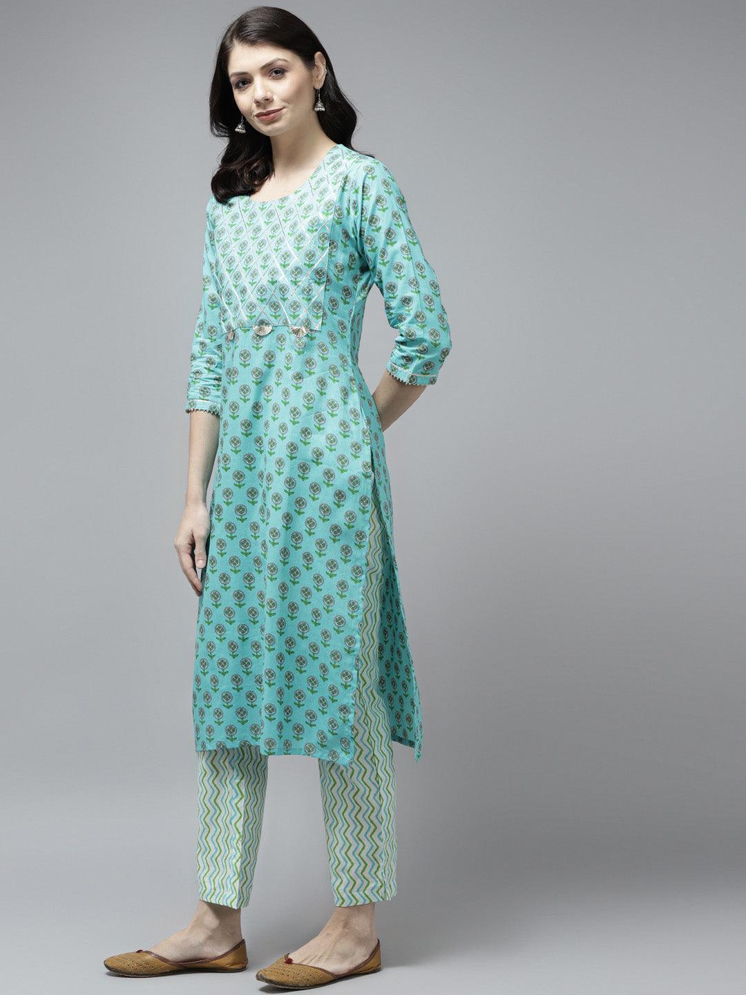 Women's Sea Green And White Gotta On Yoke Cotton Kurta With Trouser & Dupatta - Yufta - Indiakreations