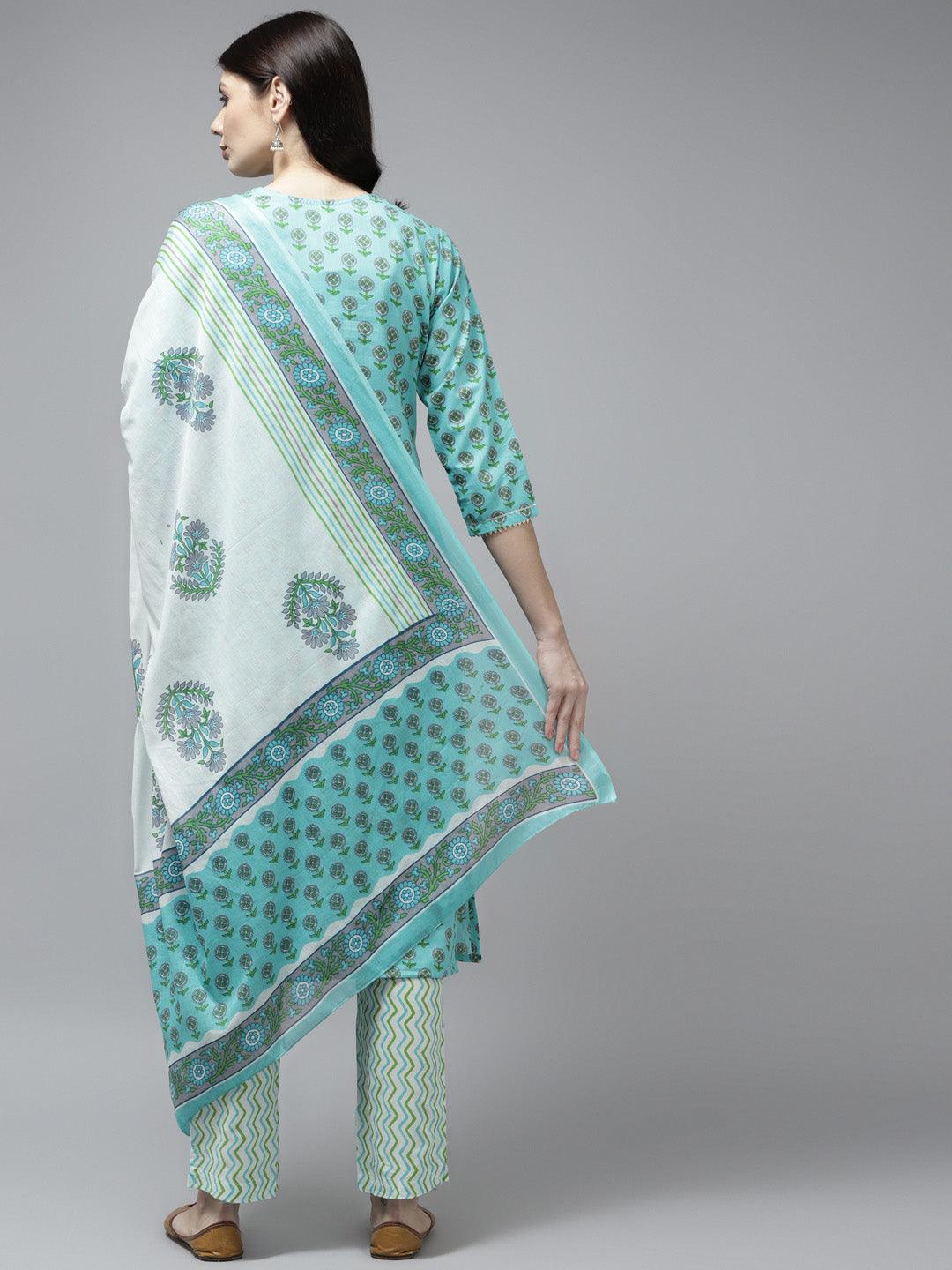 Women's Sea Green And White Gotta On Yoke Cotton Kurta With Trouser & Dupatta - Yufta - Indiakreations