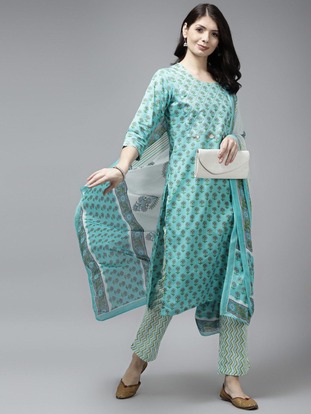 Women's Sea Green And White Gotta On Yoke Cotton Kurta With Trouser & Dupatta - Yufta - Indiakreations