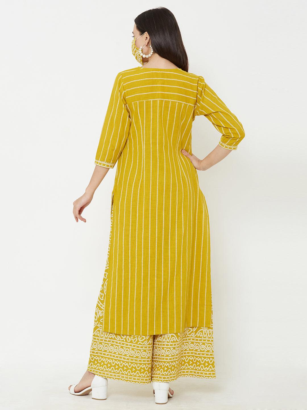 Minimal hand embroidered kurta, printed palazzo with mask – Mustard - Indiakreations