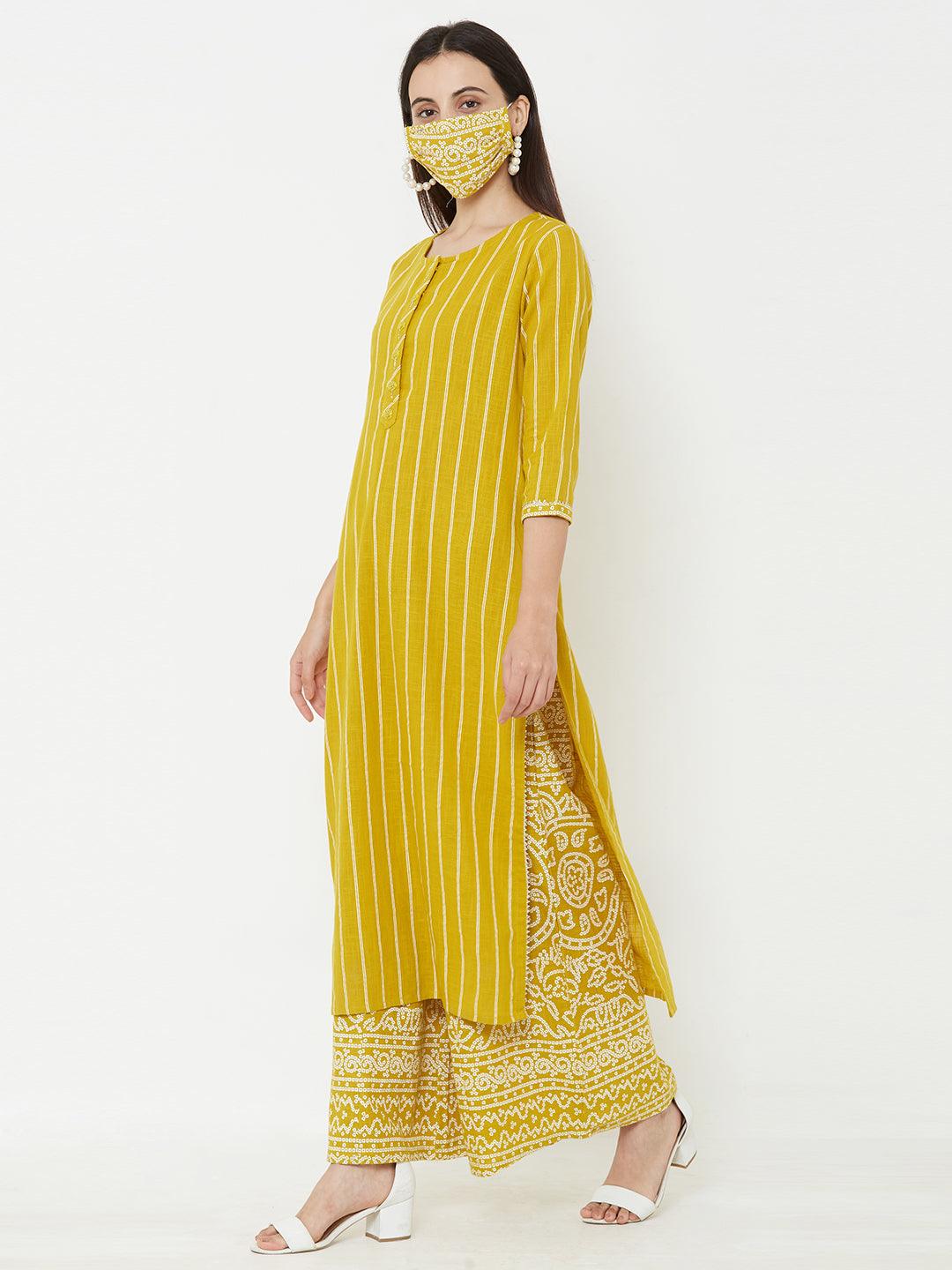 Minimal hand embroidered kurta, printed palazzo with mask – Mustard - Indiakreations