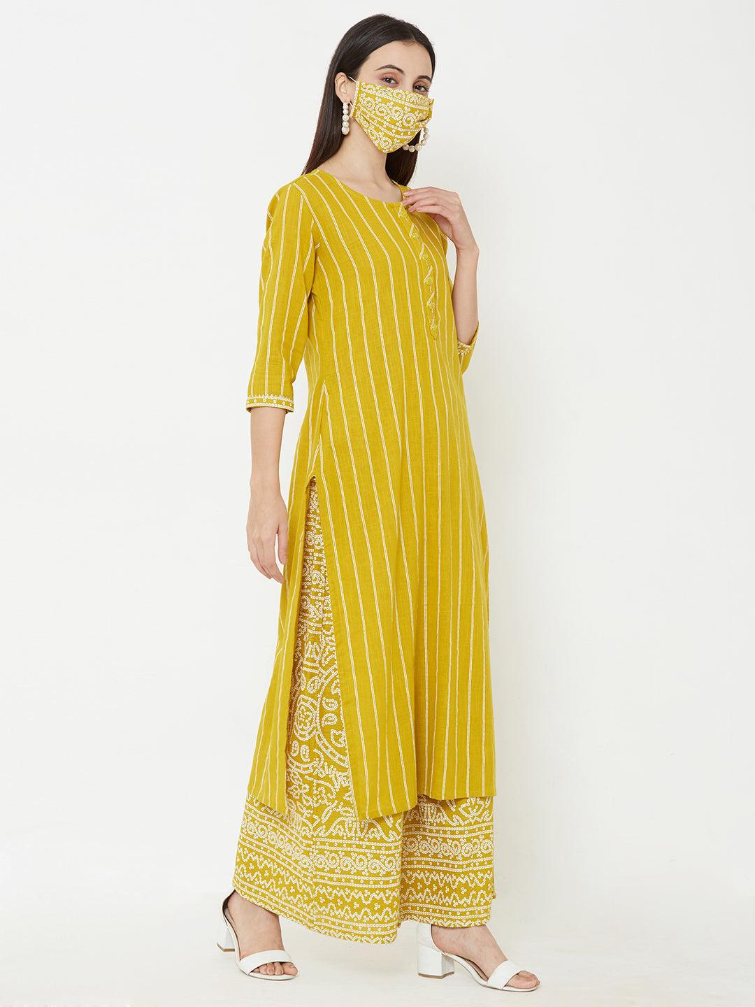 Minimal hand embroidered kurta, printed palazzo with mask – Mustard - Indiakreations