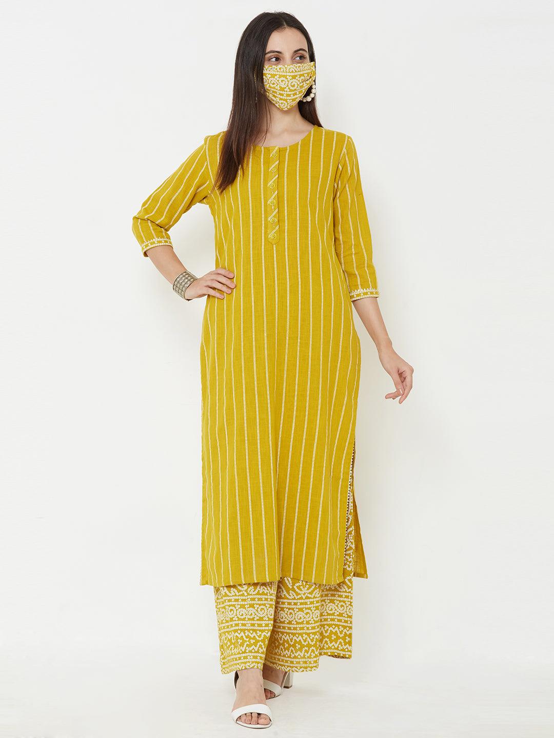 Minimal hand embroidered kurta, printed palazzo with mask – Mustard - Indiakreations