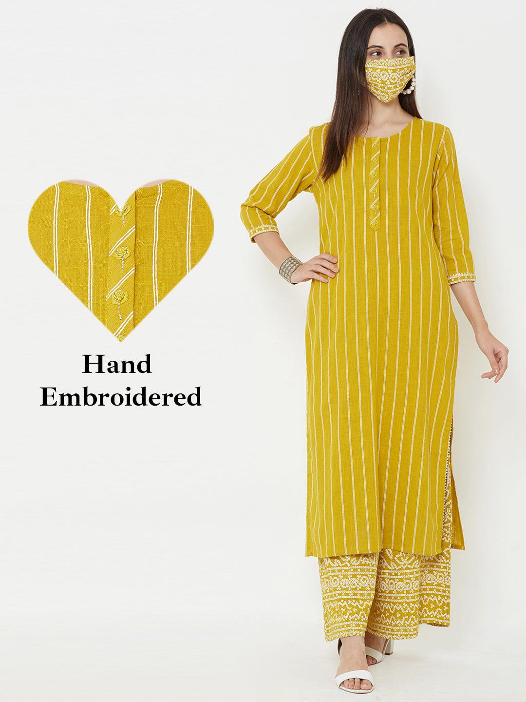 Minimal hand embroidered kurta, printed palazzo with mask – Mustard - Indiakreations