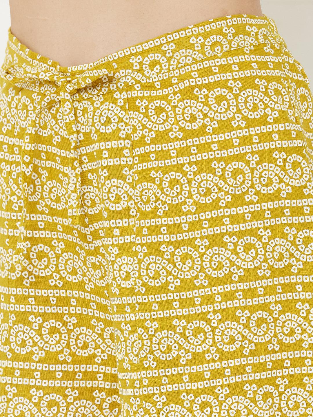 Minimal hand embroidered kurta, printed palazzo with mask – Mustard - Indiakreations