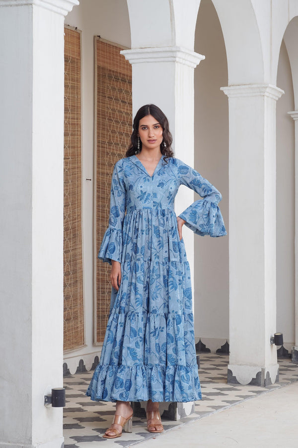 Blue floral frill Maxi - Indiakreations