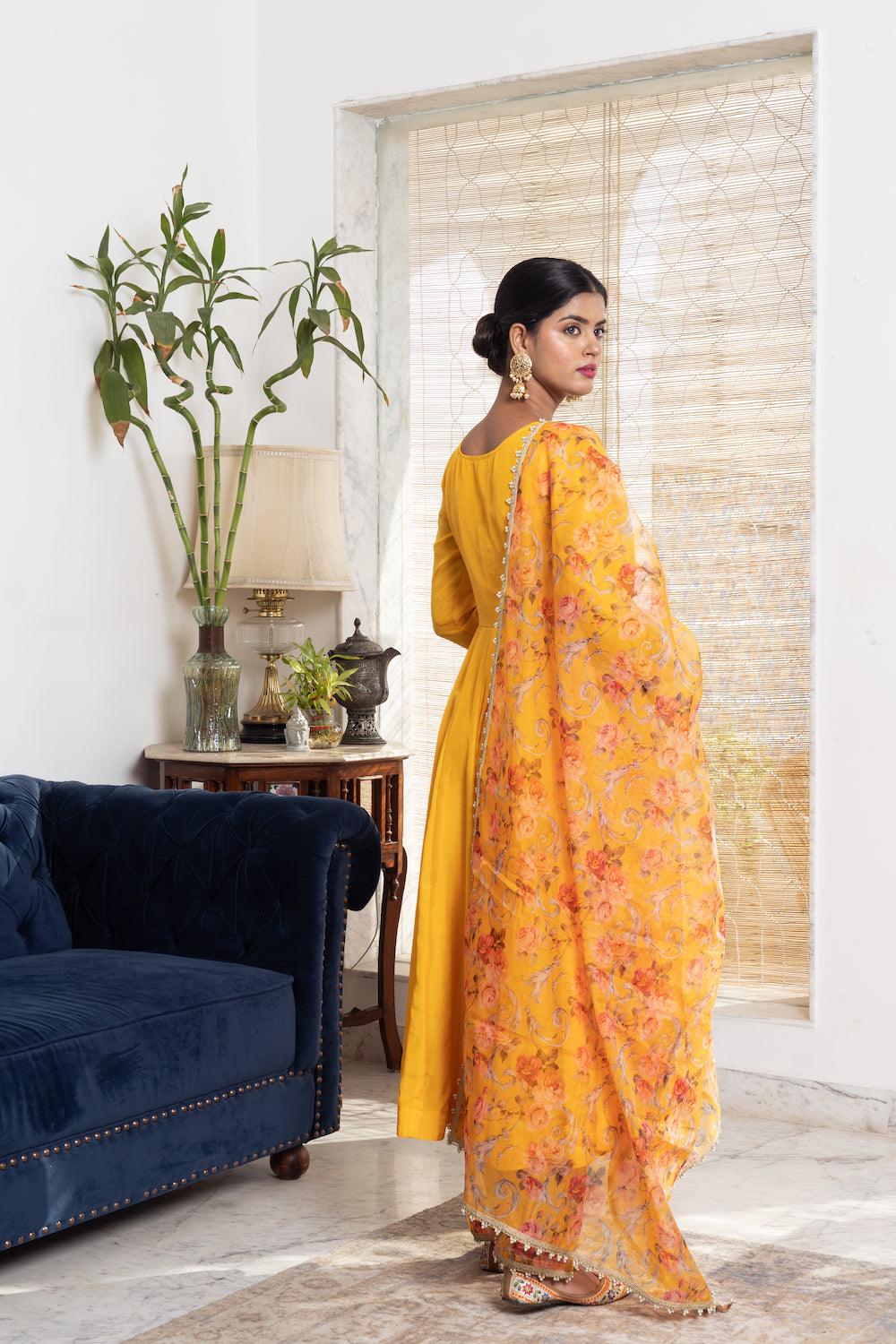 Khwabidah Yellow Anarkali with floral dupatta Set of 3 - Indiakreations