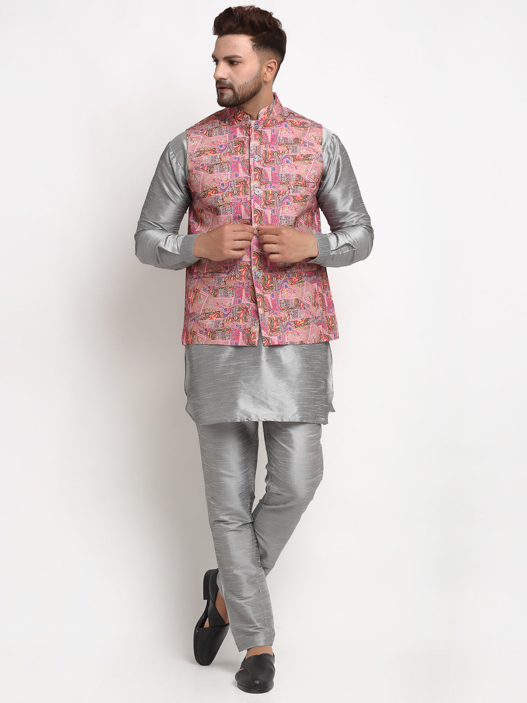 Men's Silk Blend Grey Kurta With Pyjama & Pink Printed Nehru Jacket - Benstoke