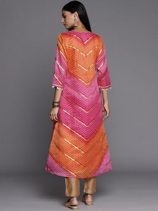 Varanga Women Pink & Orange Bandhani Printed Chanderi Silk Kurta - Indiakreations