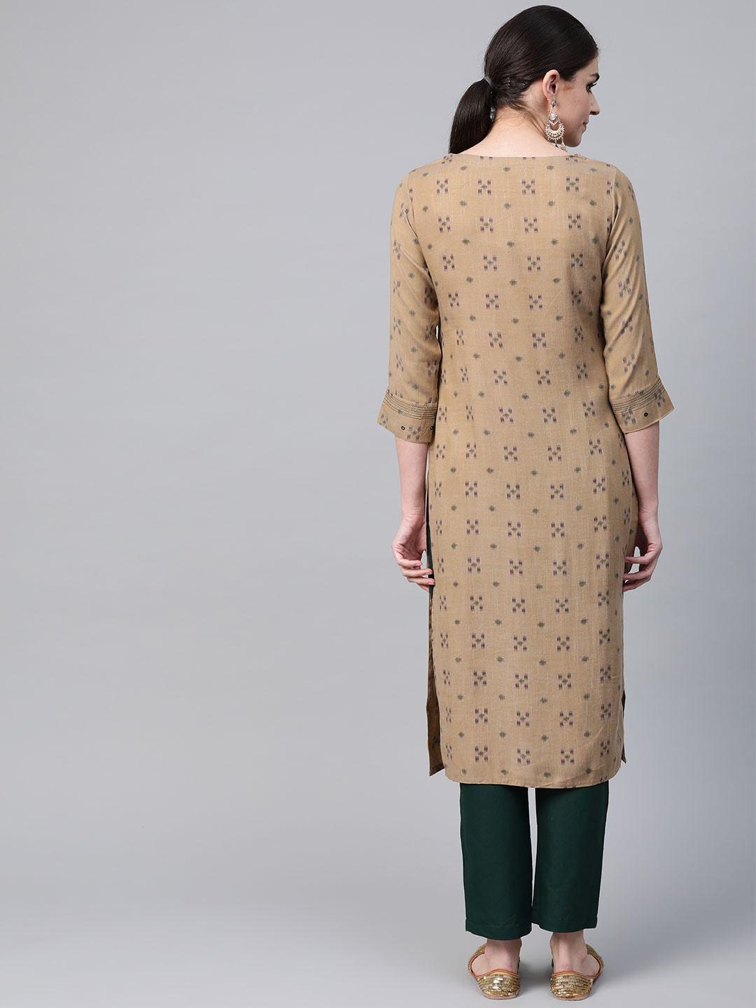 Women's Beige & Green Woven Design Kurta with Trousers - Meeranshi - Indiakreations