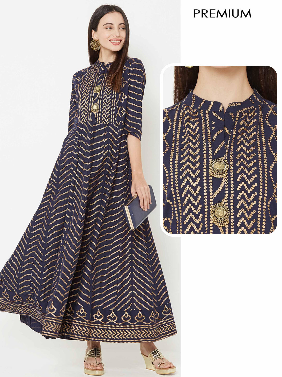 Bandhani Foil Printed Panelled flared Kurta – Indigo Blue - Indiakreations