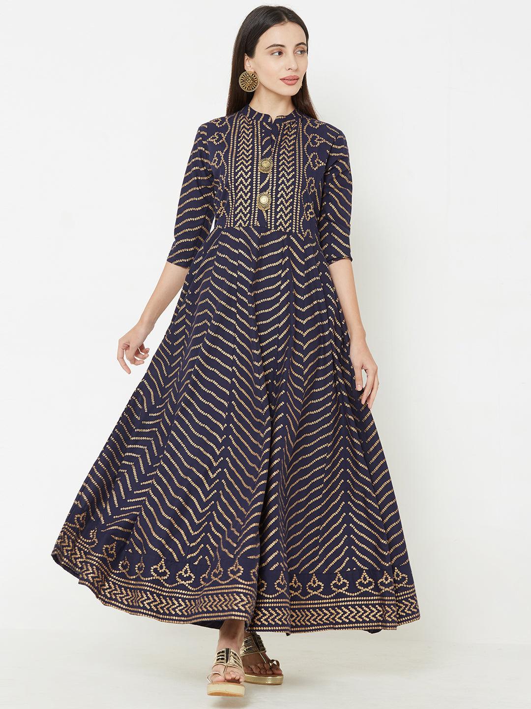 Bandhani Foil Printed Panelled flared Kurta – Indigo Blue - Indiakreations