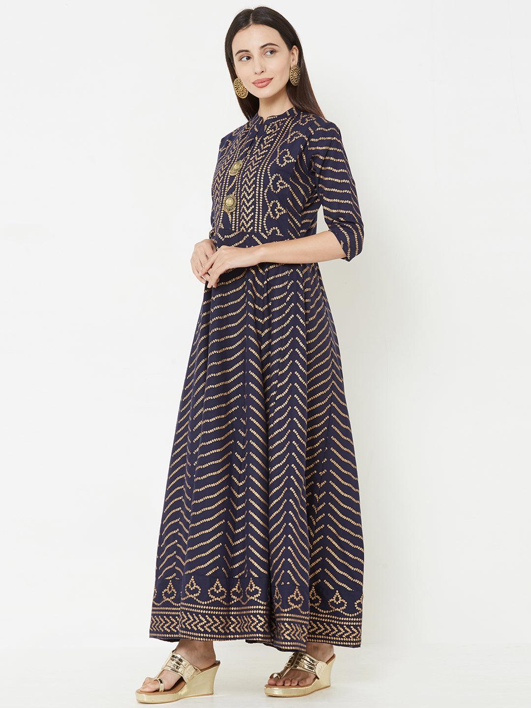 Bandhani Foil Printed Panelled flared Kurta – Indigo Blue - Indiakreations