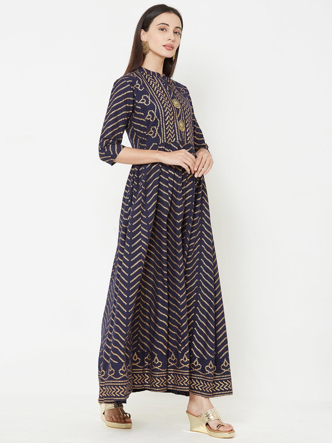 Bandhani Foil Printed Panelled flared Kurta – Indigo Blue - Indiakreations