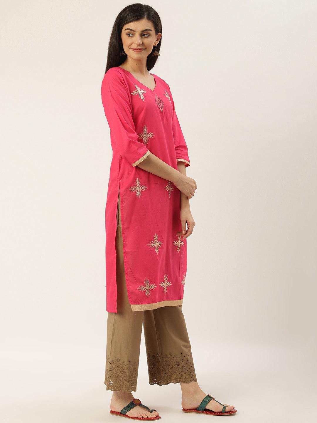 Women's Pink & Golden Gotta Patti Work Straight Kurta - NOZ2TOZ - Indiakreations