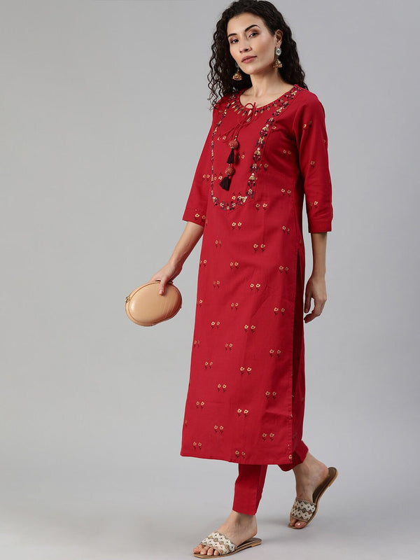 Women's Red Yoke Design A-Line Kurta Trouser Set - Ishin