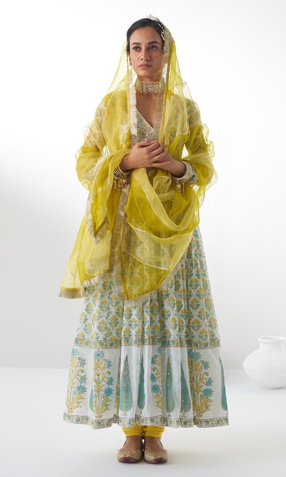 Jahanara Yellow Block Printed Embroidered Anarkali With Churidar and Dupatta - Set of 3 - RTS - Indiakreations