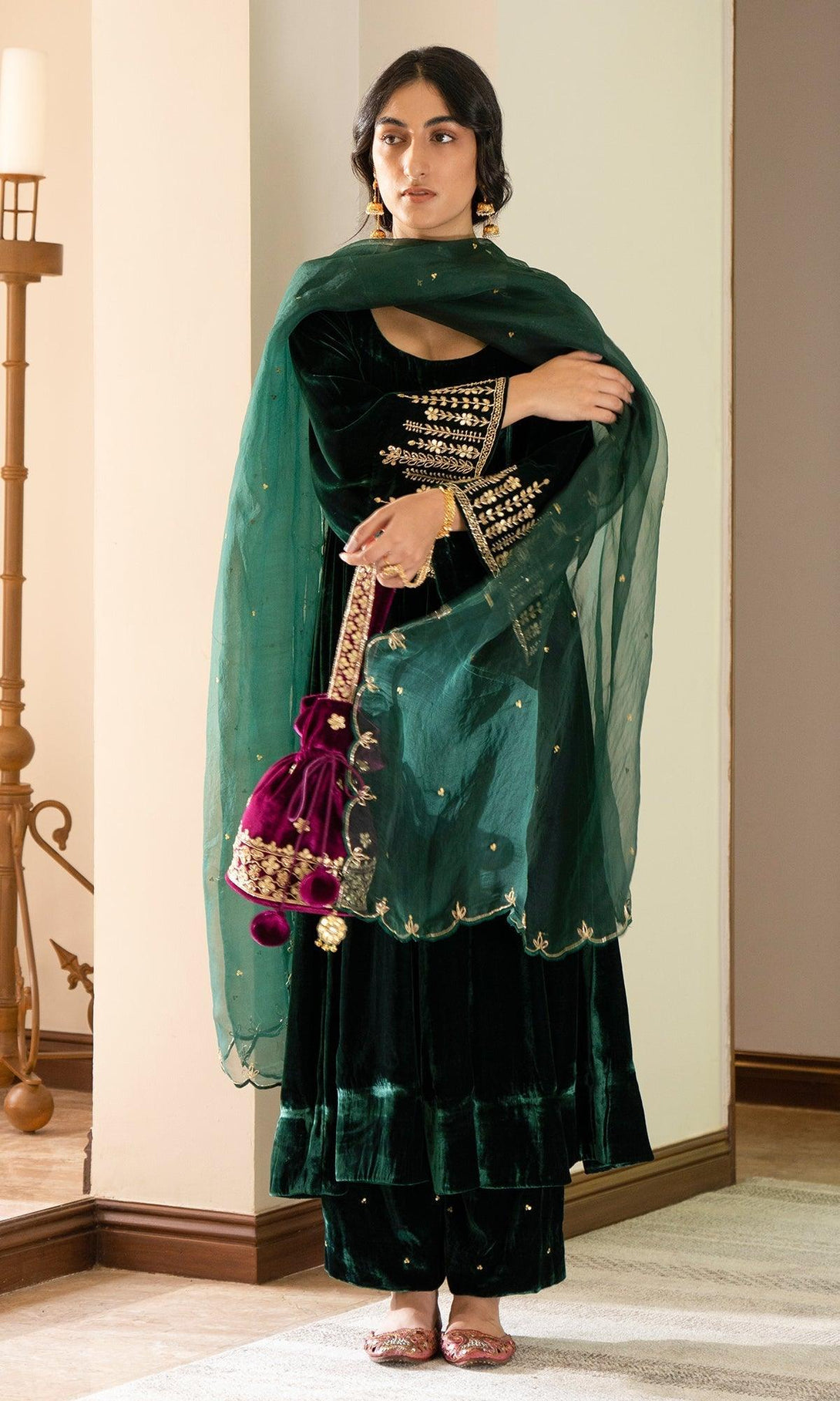 Bareen Embroidered - Green Velvet Anarkali With Palazzo And Organza Dupatta - Set of 3 RTS - Indiakreations