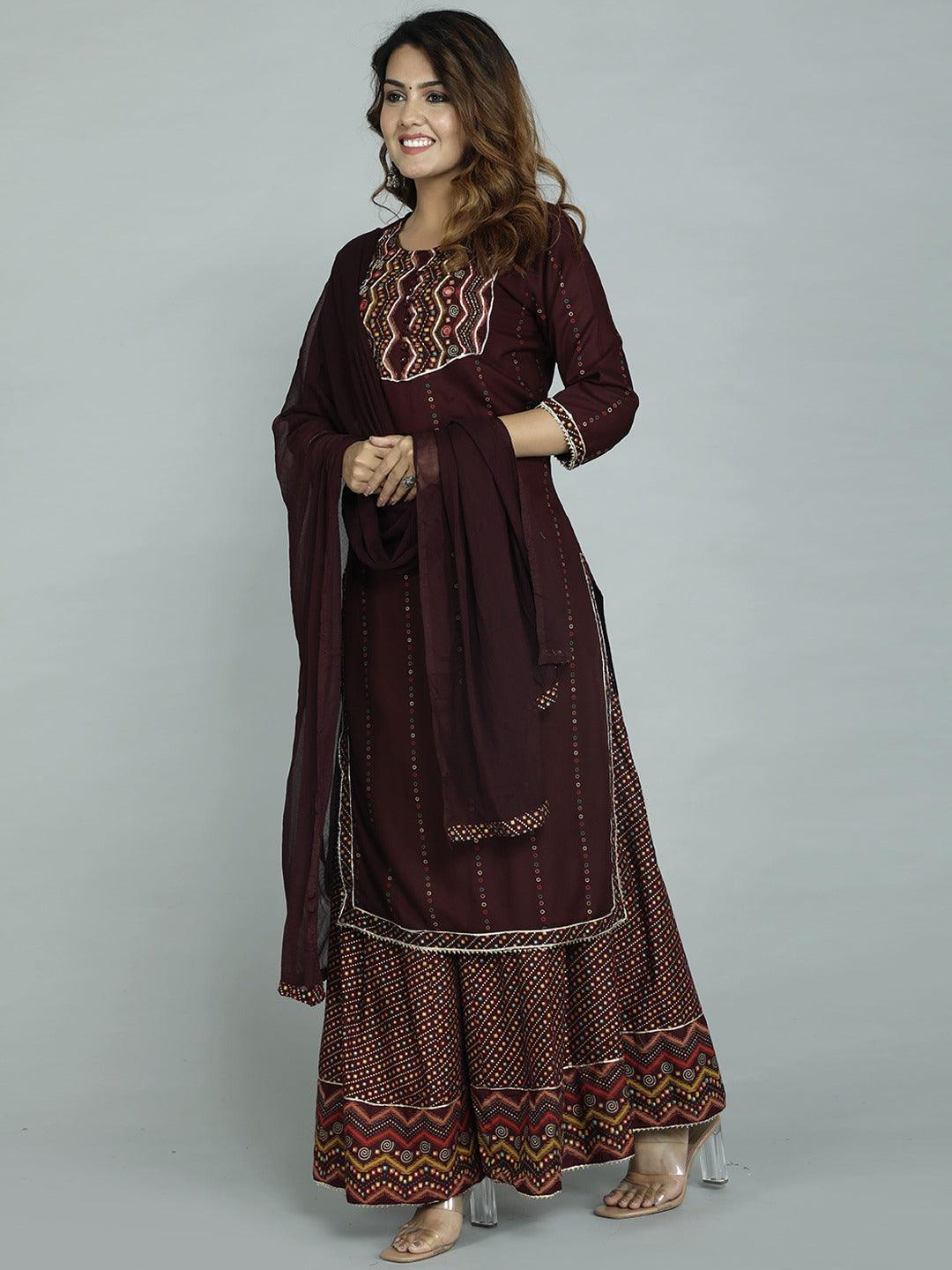 Women's Maroon Ethnic Motifs Embroidered Kurta With Sharara & With Dupatta - Noz2Toz - Indiakreations