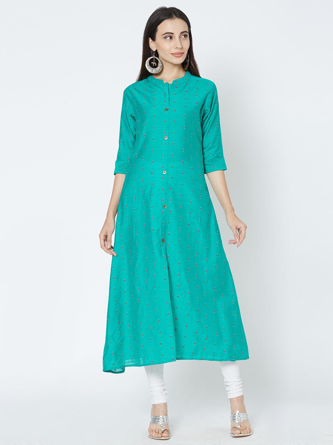 Minimal Scattered Embroidered Pattern kurta - Green - Indiakreations