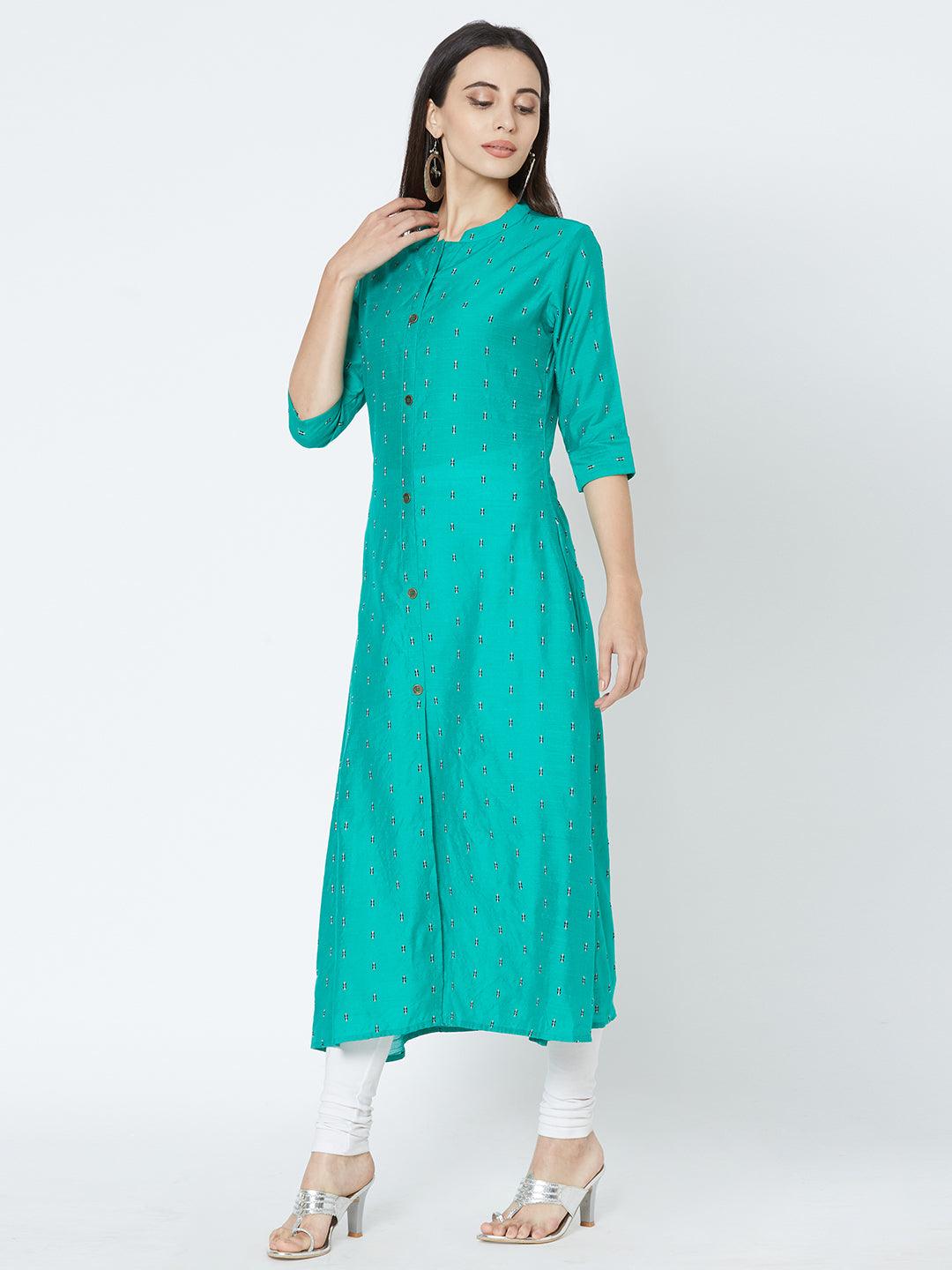 Minimal Scattered Embroidered Pattern kurta - Green - Indiakreations