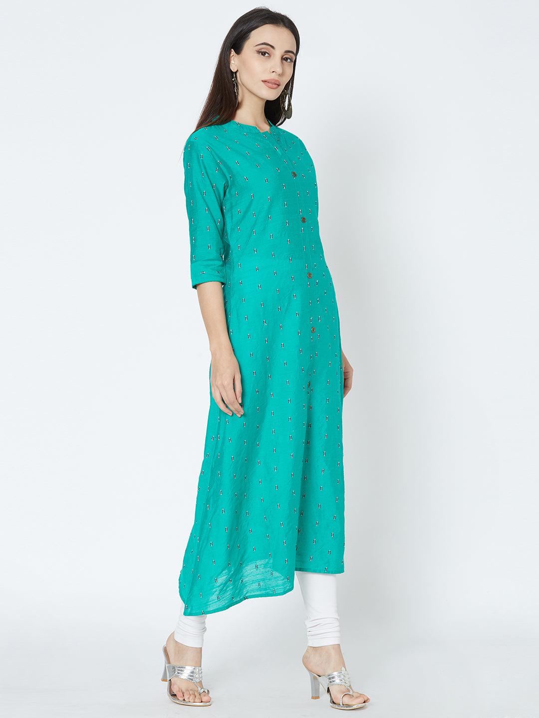 Minimal Scattered Embroidered Pattern kurta - Green - Indiakreations