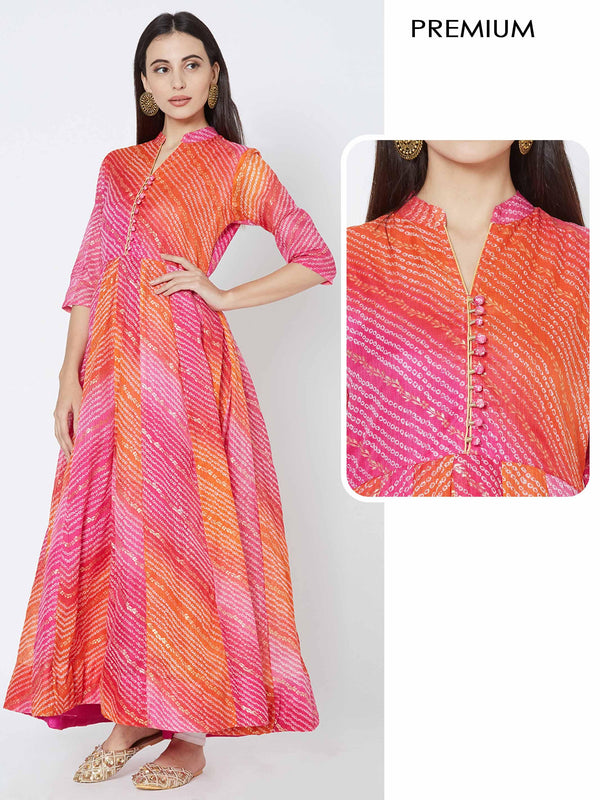 Bandhani & Foil Printed Flared Kurta - Pink - Indiakreations