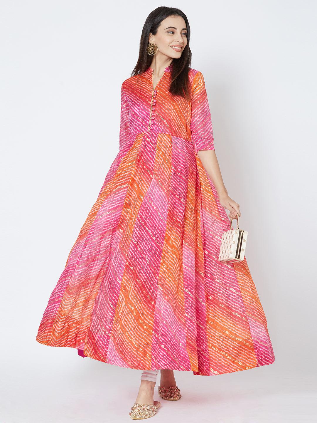 Bandhani & Foil Printed Flared Kurta - Pink - Indiakreations