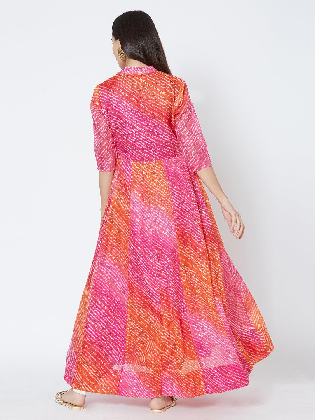 Bandhani & Foil Printed Flared Kurta - Pink - Indiakreations