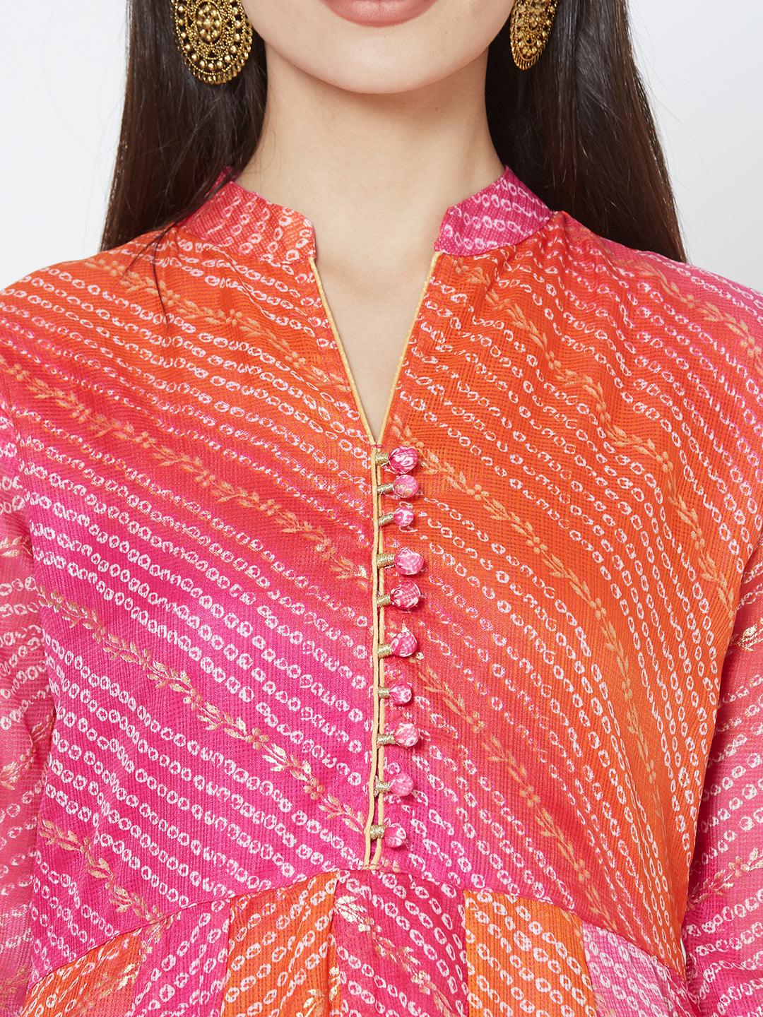 Bandhani & Foil Printed Flared Kurta - Pink - Indiakreations