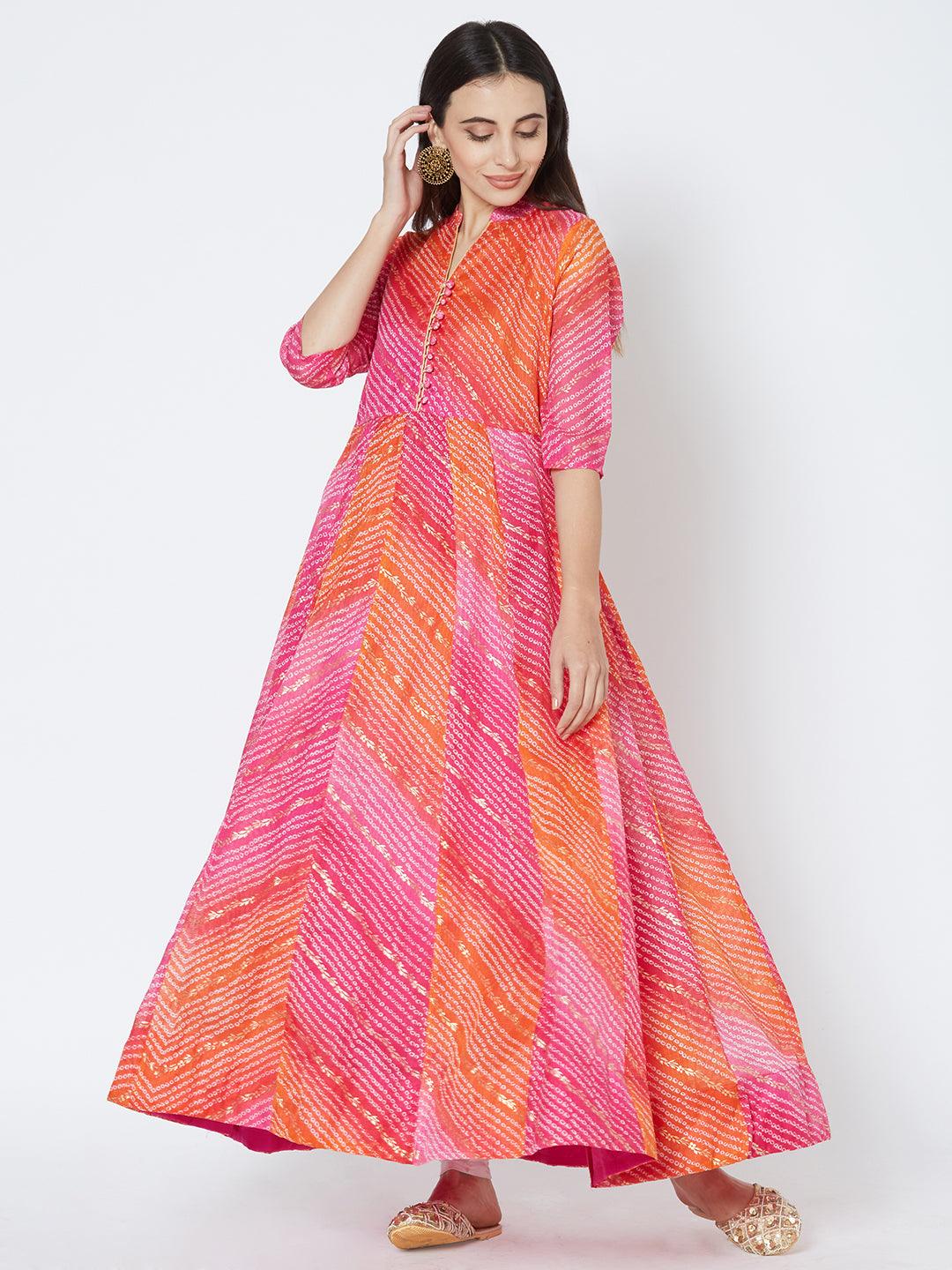 Bandhani & Foil Printed Flared Kurta - Pink - Indiakreations