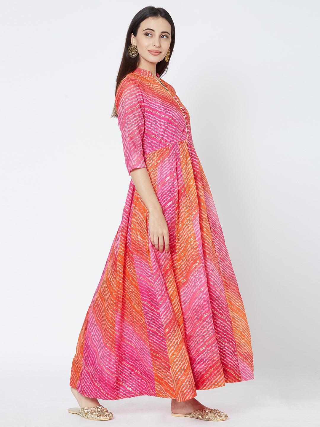 Bandhani & Foil Printed Flared Kurta - Pink - Indiakreations