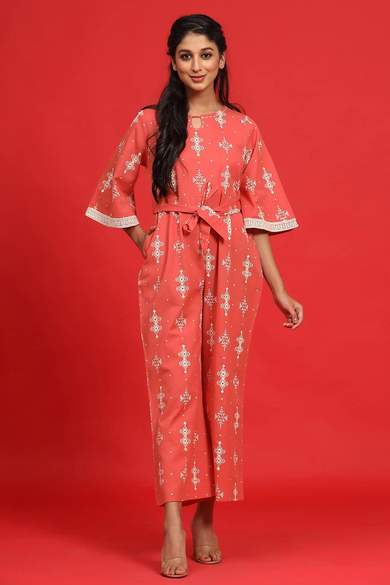 Peach Cotton Flex Printed Ethnic Jumpsuit - Juniper